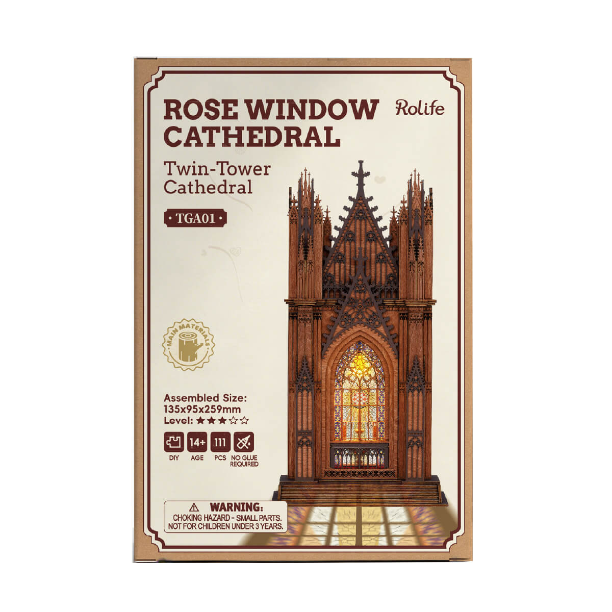Rolife Twin-Tower Cathedral 3D Wooden Puzzle TGA01 3D wooden architecture model, styled lifestyle scene with model assembled