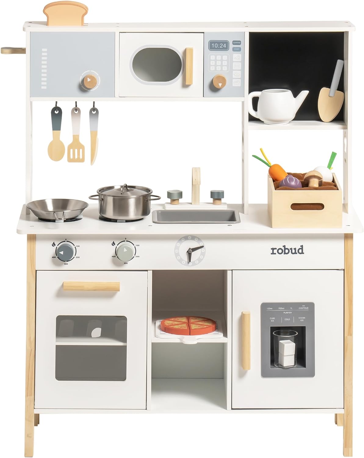 Robud kitchen playset full front view showing fridge, oven, sink, microwave and all accessories in white