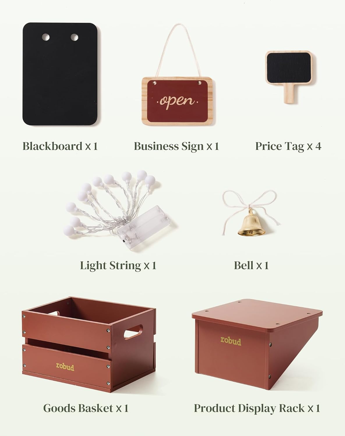 Robud grocery market playset accessory flat lay showing blackboard, open sign, price tags, bell and basket