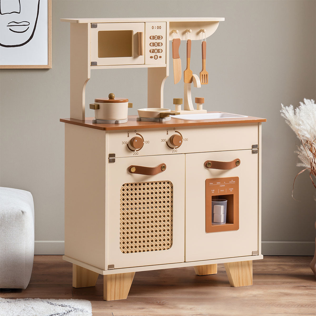 ROBUD mocha Montessori play kitchen in cream and rattan with microwave, stovetop and ice dispenser.