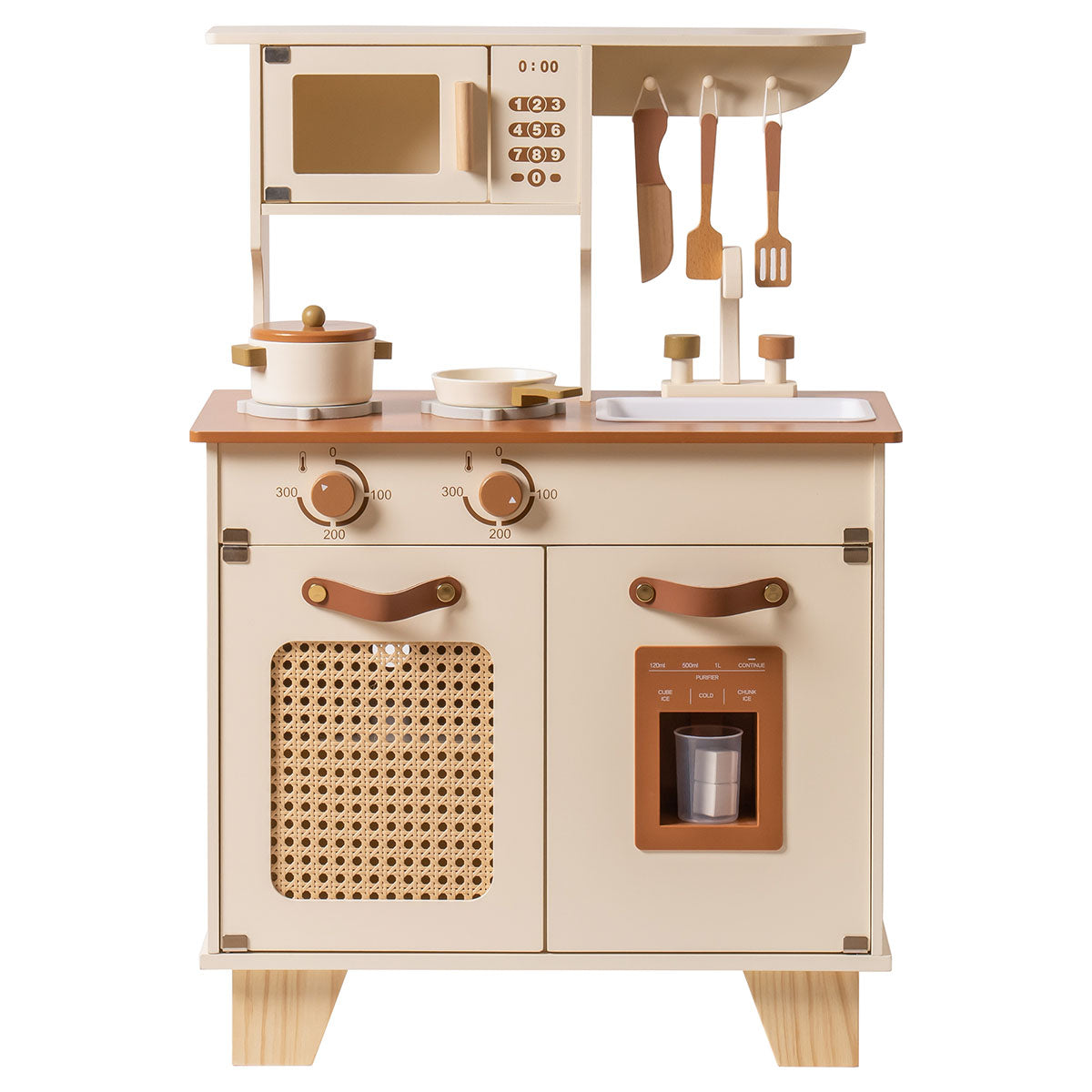 ROBUD WCF25 play kitchen front view with rattan cabinet panels, gold handles and upper shelf hooks.