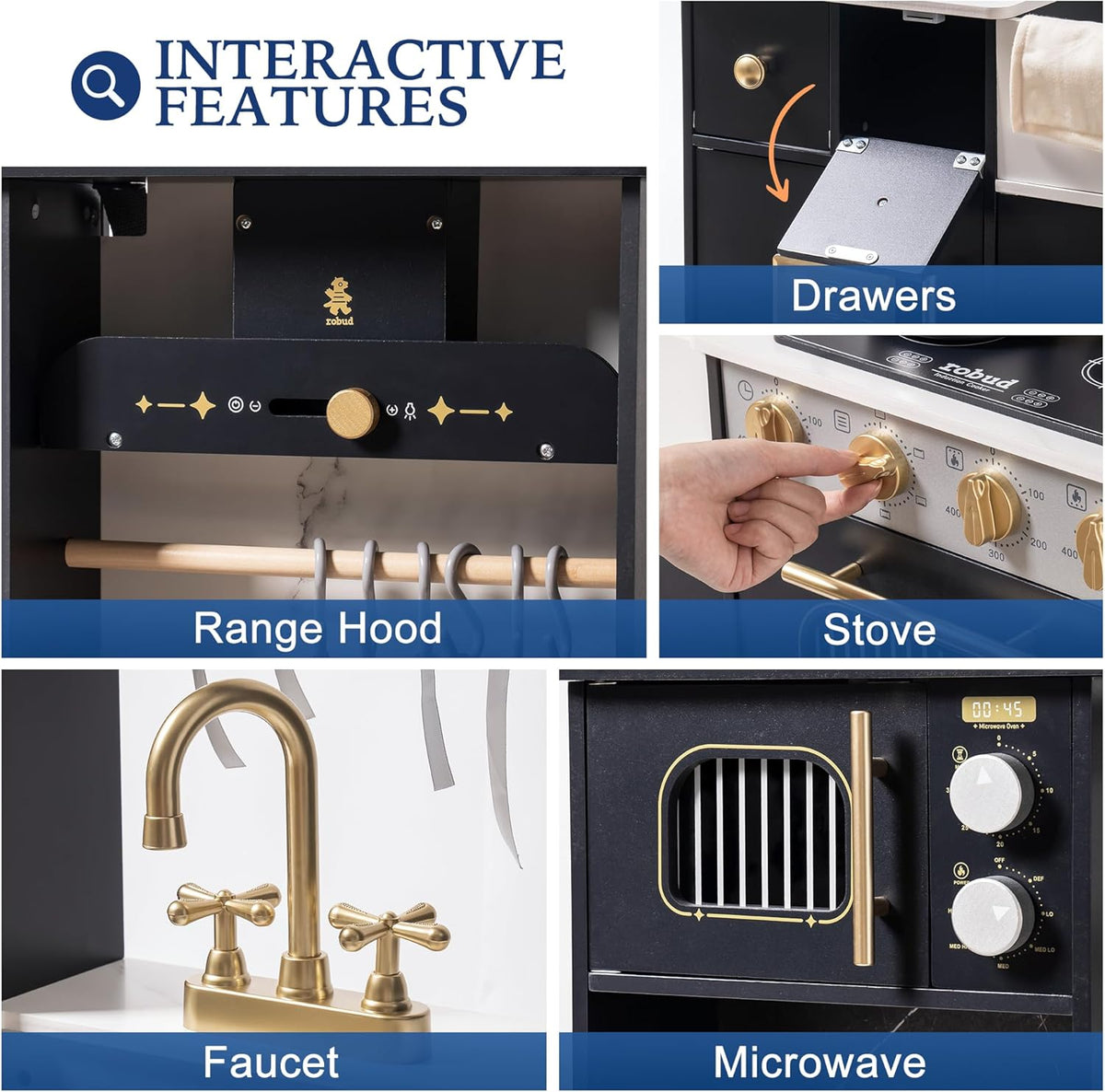 Robud wooden play kitchen black, lifestyle shot in home setting