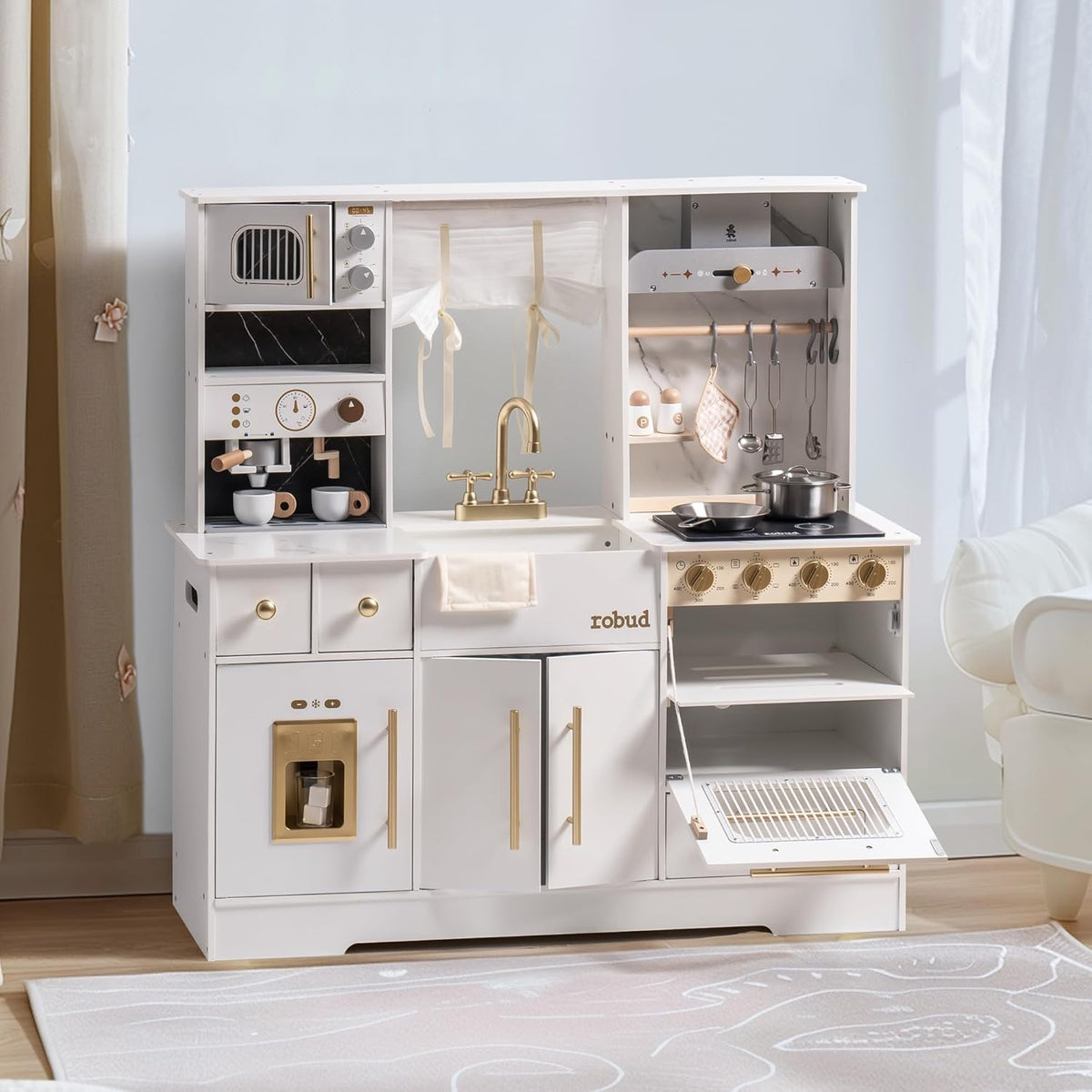 ROBUD Modern Play Kitchen for Kids white full front view with open oven drawer showing the complete playset including coffee machine, microwave, sink, stovetop and all gold accent hardware
