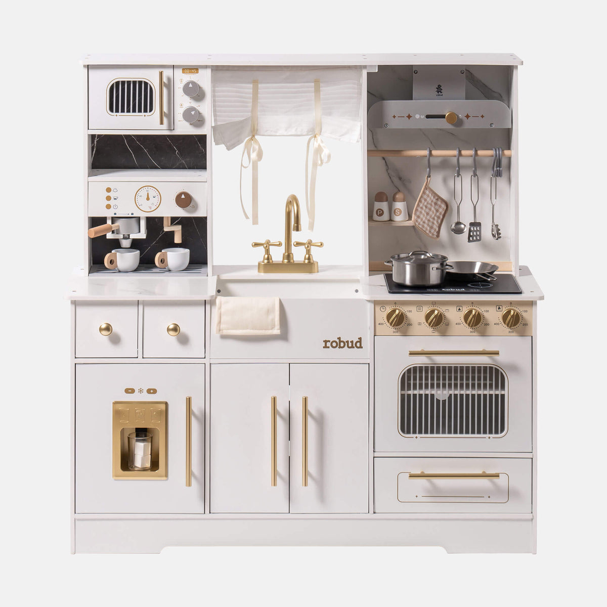 ROBUD Modern Play Kitchen for Kids white full front view showing espresso machine, microwave, golden faucet sink, oven, ice maker fridge and hanging utensils with marble-effect countertop