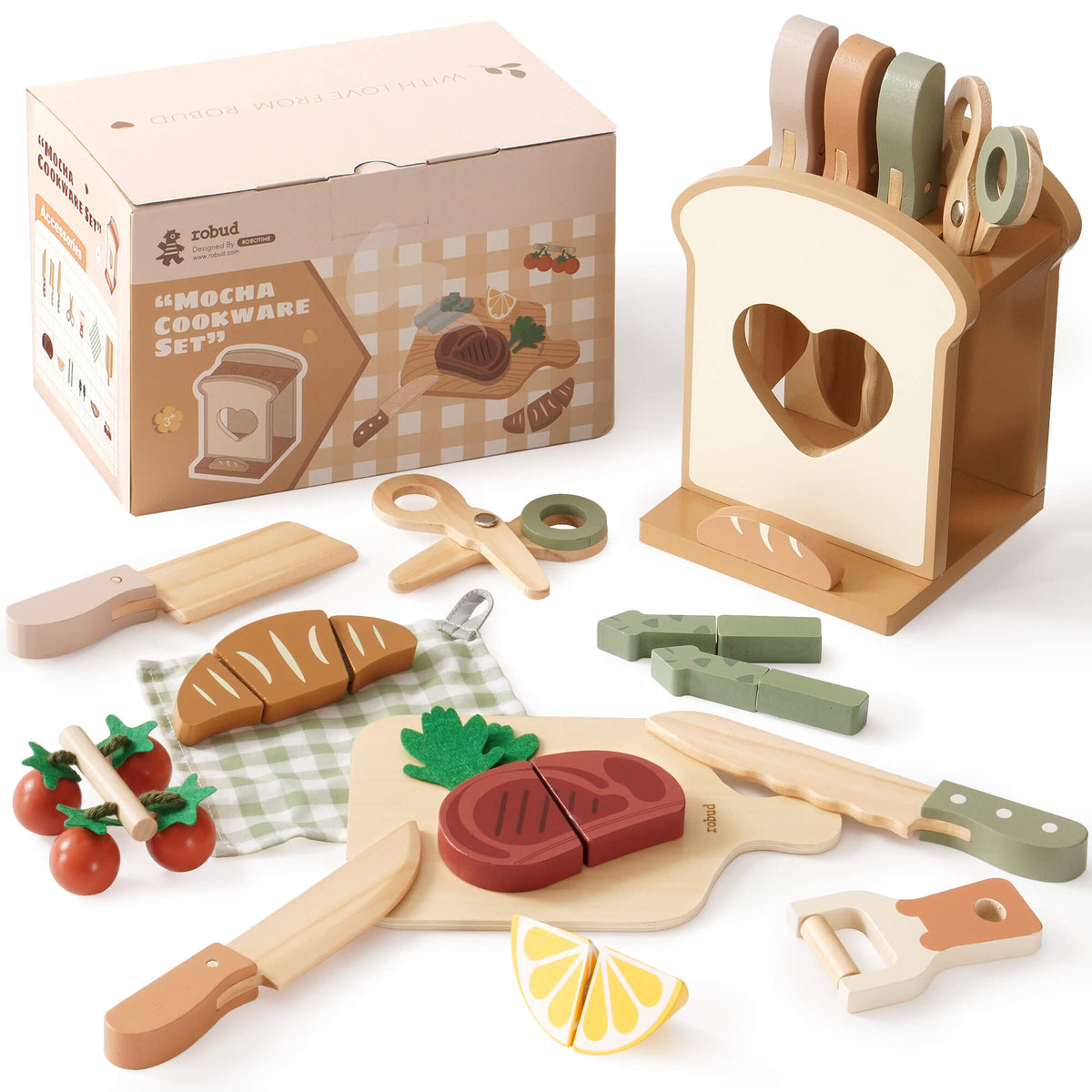 ROBUD Mocha Cookware Set complete product layout on white background showing toast holder with knives, cutting board with steak, cherry tomatoes, baguette, gingham napkin and retail box