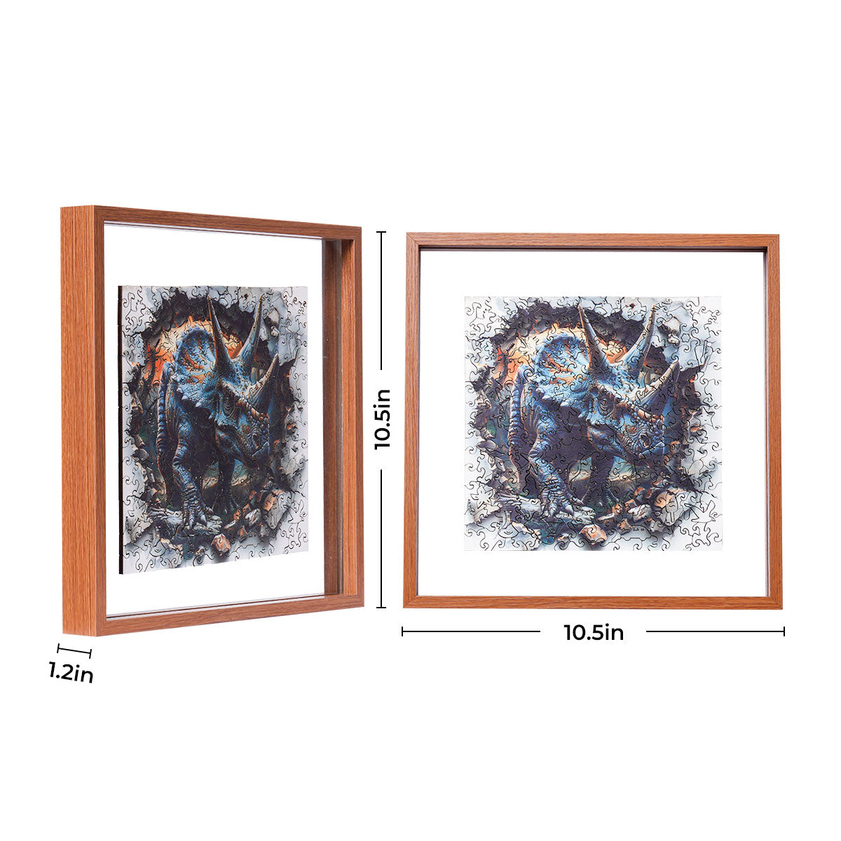 Rowood Wall Breaking Triceratops wooden jigsaw puzzle mounted in a shadow box frame hanging on a wall above a stack of books and a round stone ornament