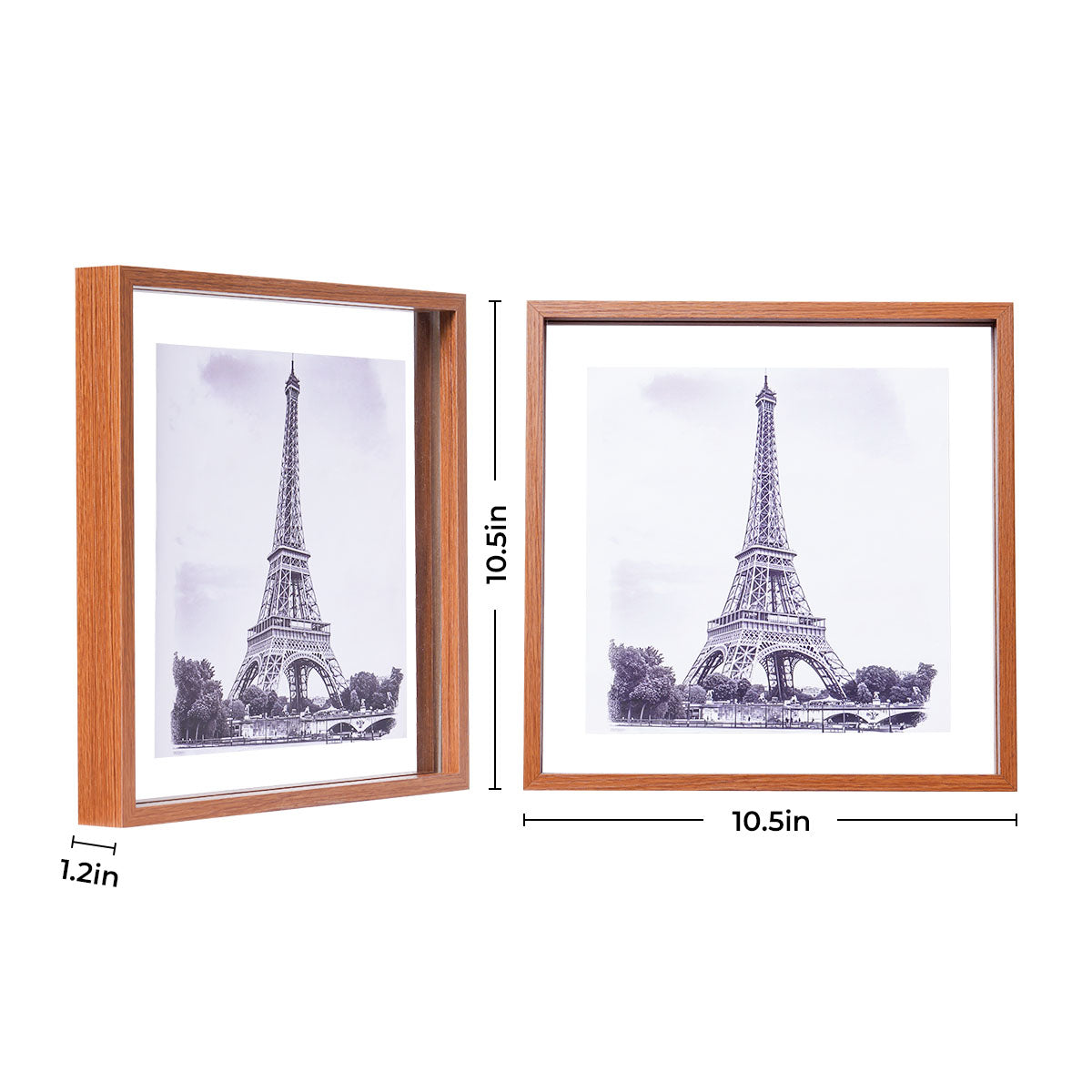 Robotime Double Glass Picture Frame WD6001 size diagram showing 10.5 by 10.5 inch square frame from front and side views with 1.2 inch depth measurement labeled