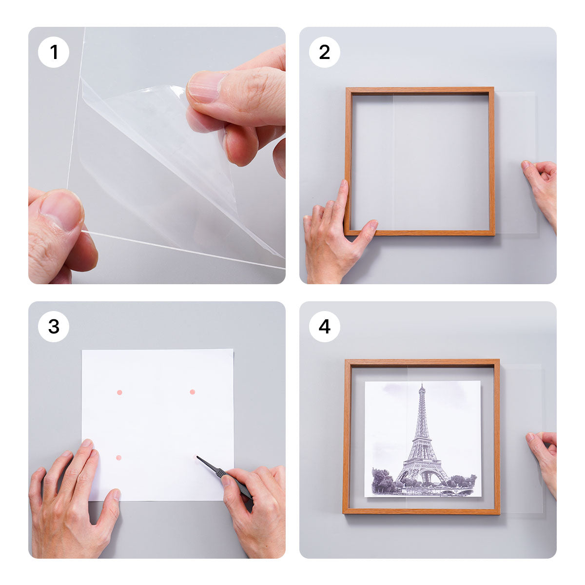 Robotime Double Glass Picture Frame WD6001 four-step installation guide showing acrylic film removal wooden frame assembly picture positioning and final closed frame with puzzle