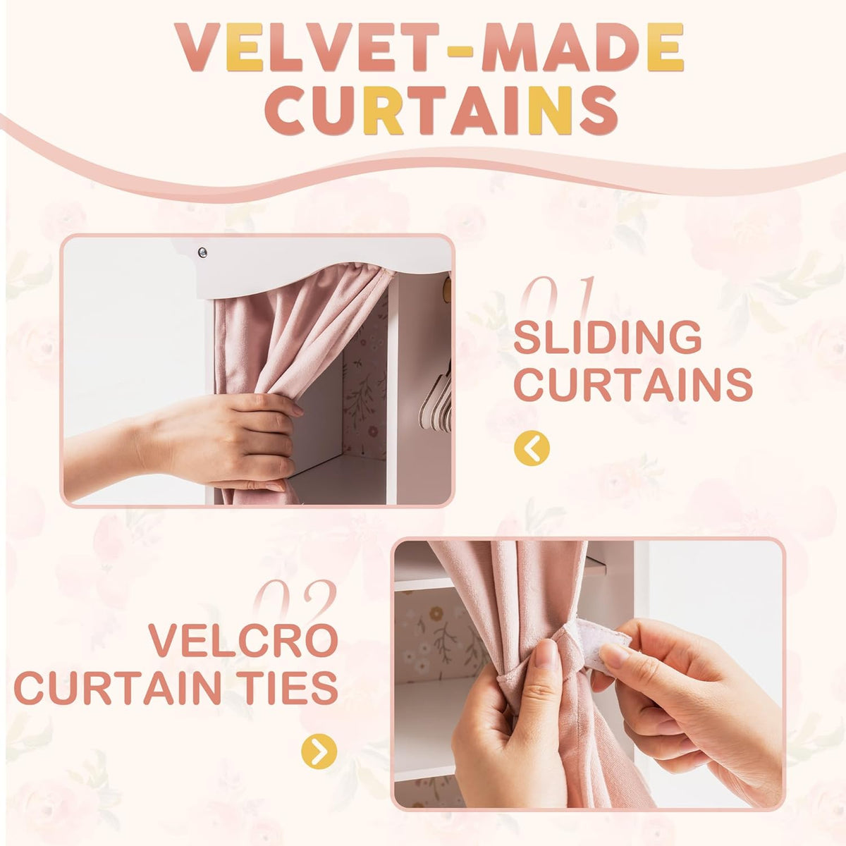 Robud doll wardrobe velvet curtain feature panel showing sliding curtains and velcro curtain ties