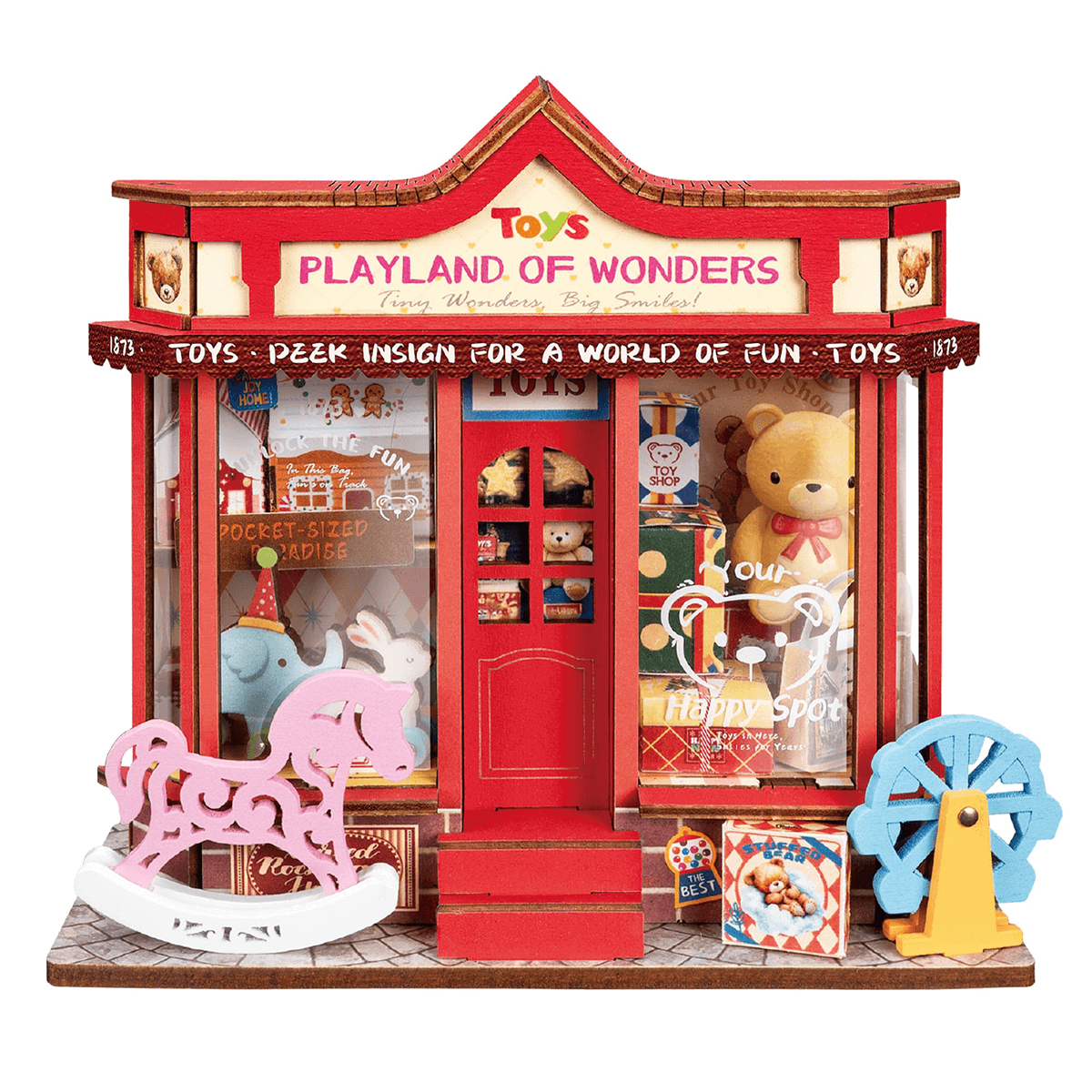Rolife Whimsy Toy Shop Miniature House DS044 DIY miniature house kit, product front view on neutral background