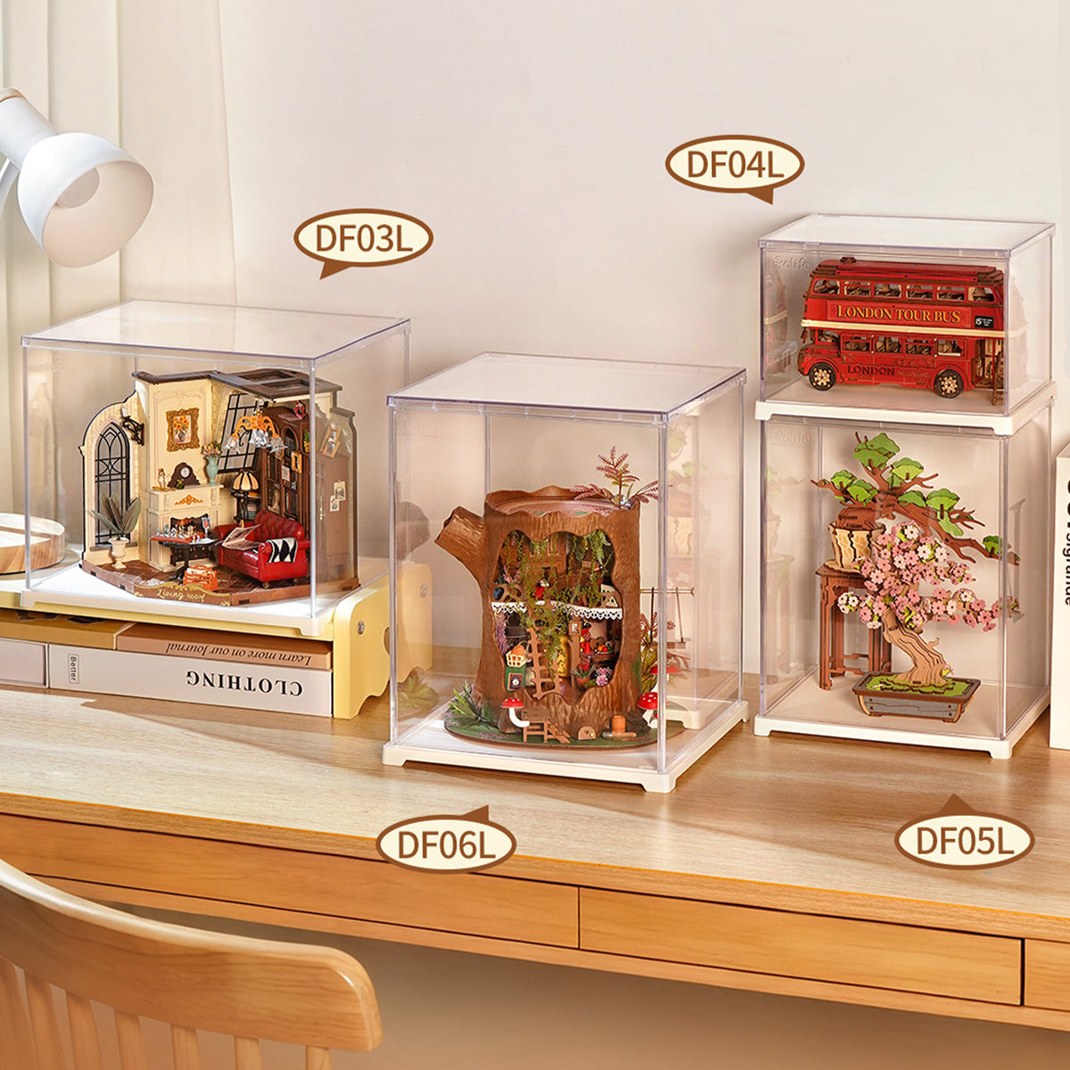 Rolife Acrylic Display Box Landscape Size S DF04L DIY craft kit, styled lifestyle scene with model assembled