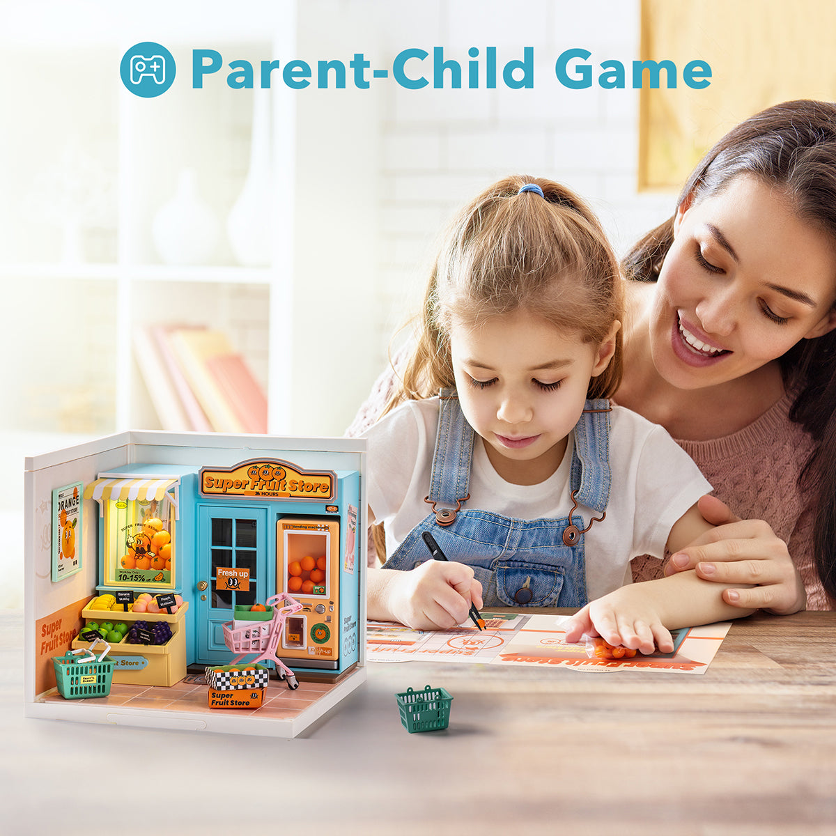Rolife Super Fruit Store DW003 parent and child building the miniature together at a table, showing the assembled store