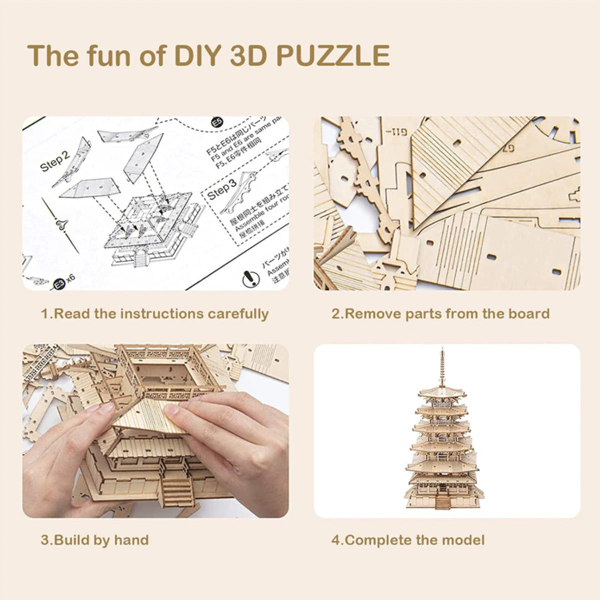 Rolife Five-storied Pagoda TGN02 3D wooden architecture puzzle, close-up of intricate laser-cut parts