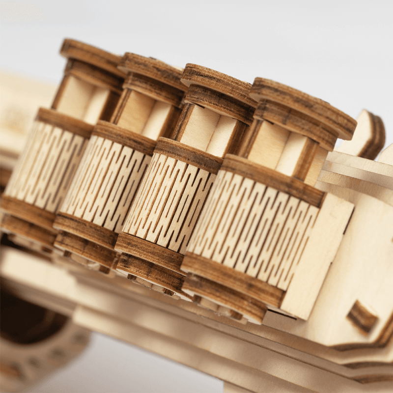 ROKR Terminator M870 Justice Guard Gun LQ501 3D wooden puzzle, close-up of intricate laser-cut parts