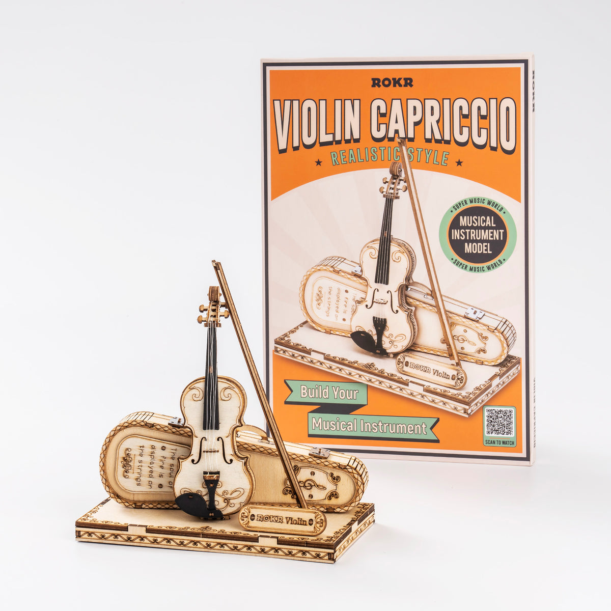 ROKR Violin Capriccio TG604K 3D wooden musical instrument model, scale comparison alongside accessories