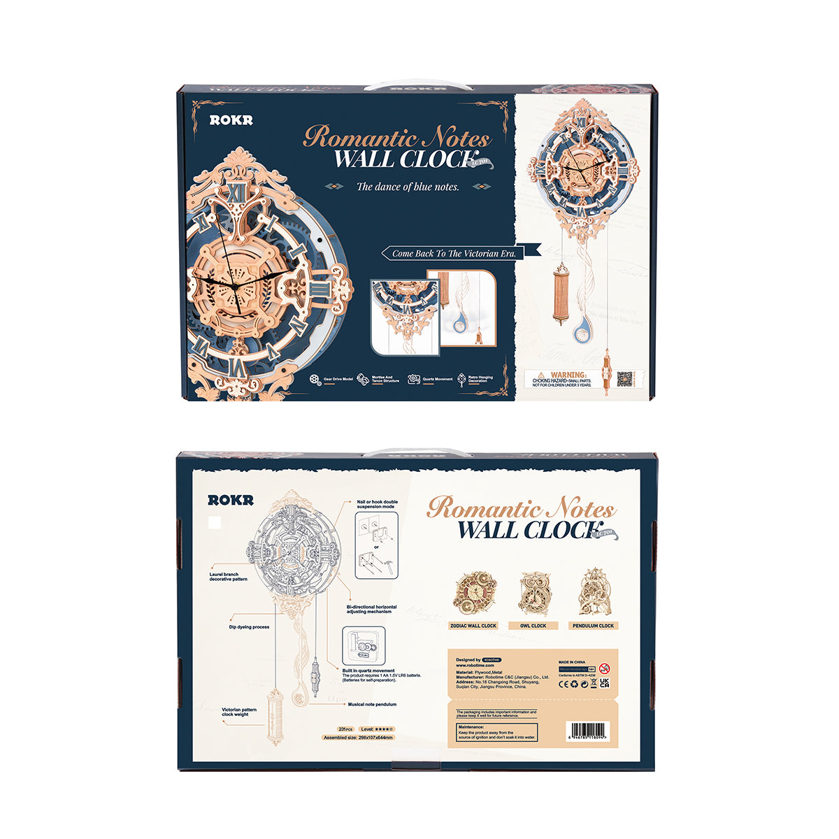 Front and back of the ROKR Romantic Note Wall Clock retail box in dark navy blue with product photography and feature icons