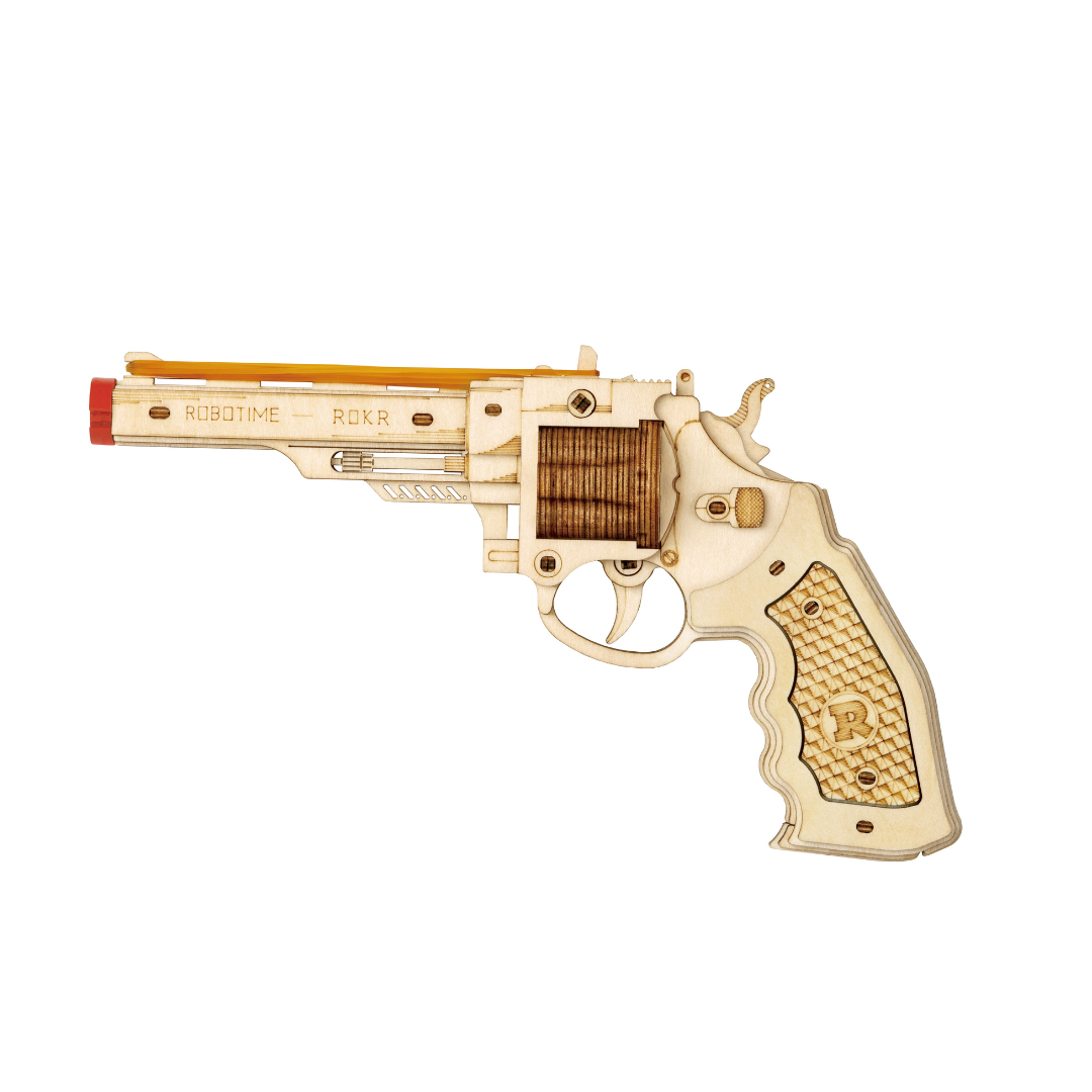 ROKR Corsac M60 wooden revolver with gold-toned cylinder, textured grip and red barrel tip on white background