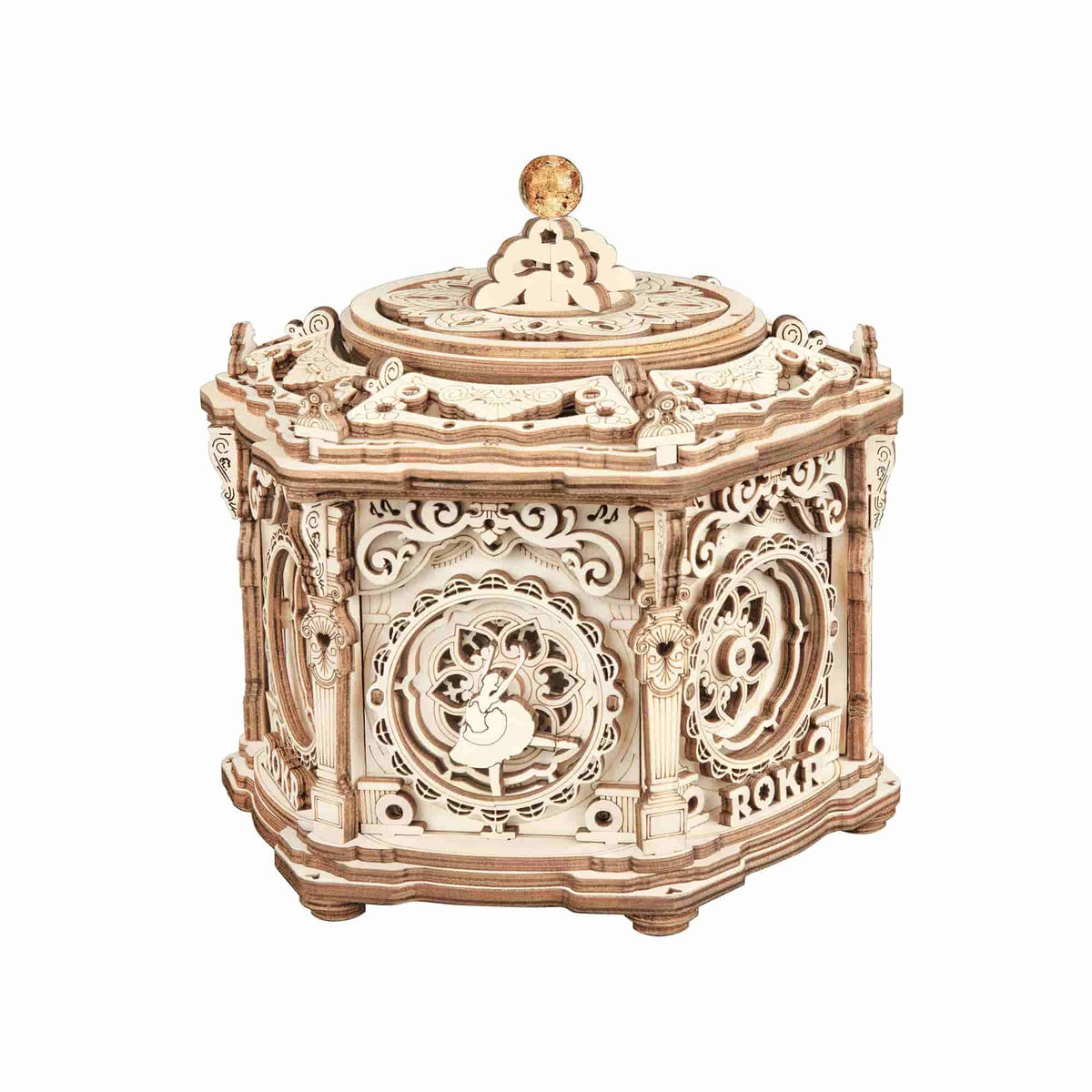 ROKR Secret Garden AMK52 mechanical music box on white background, octagonal walnut wood with ornate carved panels