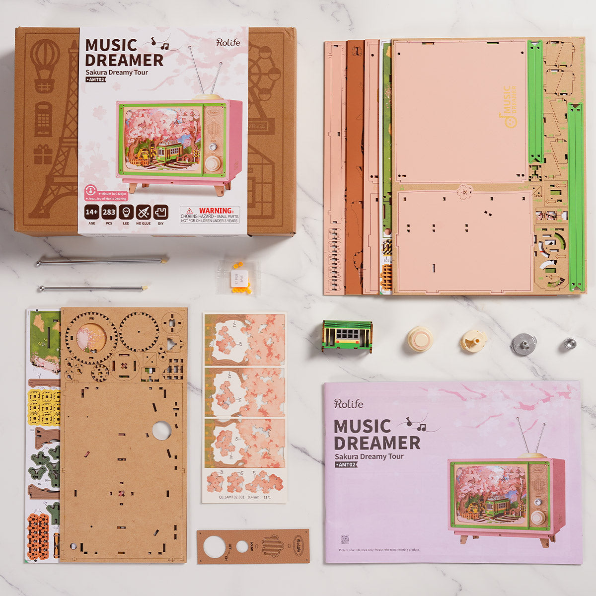 Rolife Sakura Dreamy Tour DIY music box 3D wooden puzzle, product detail view AMT02