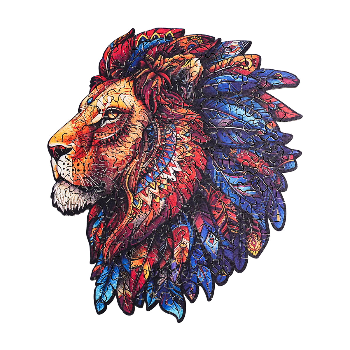Robotime Lion King wooden jigsaw showing a regal lion in a sweeping blue and red feathered mane