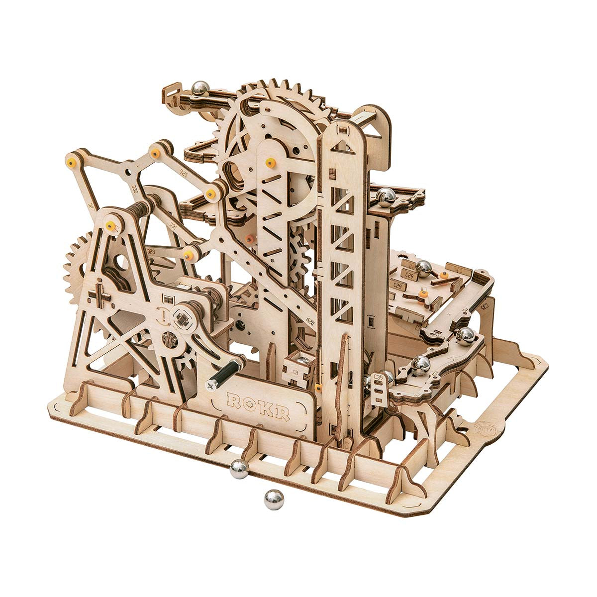 ROKR Marble Climber Fortress wooden marble run with tiered towers, gear lifts and a steel marble