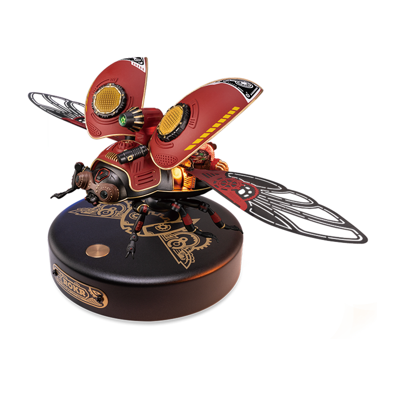 ROKR Scout Beetle MI02 three-quarter view showing spread copper wings and mechanical body on a dark base