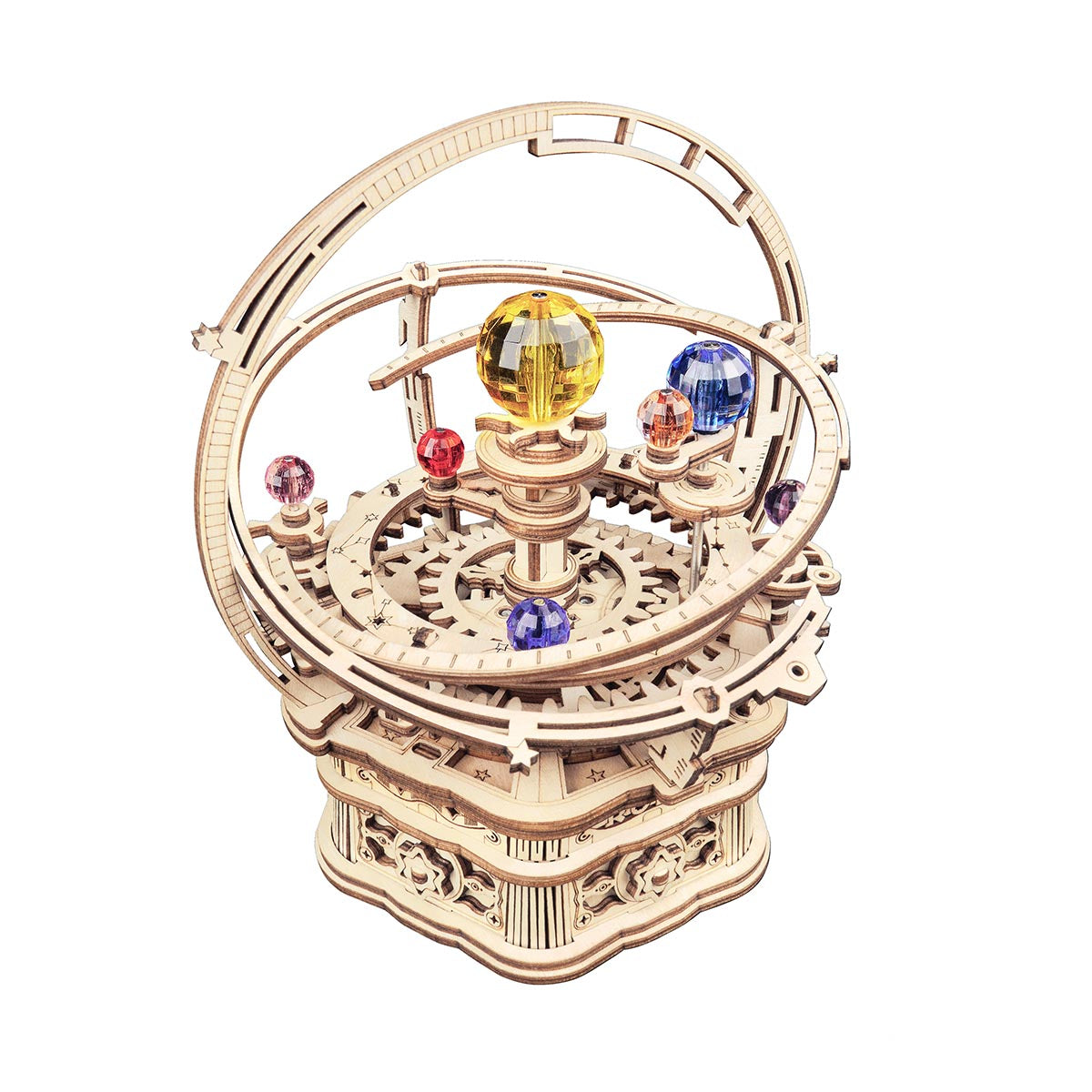 ROKR Starry Night Orrery Mechanical Music Box AMK51 mechanical music box wooden kit, scale comparison alongside accessories