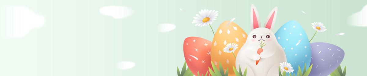 Wide desktop Easter banner with a white cartoon bunny holding a carrot surrounded by colorful patterned eggs and daisies on a soft mint green background