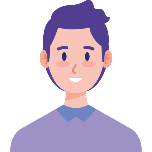 Flat cartoon avatar of a young man with short dark blue hair wearing a light purple collared shirt and smiling on a plain white background
