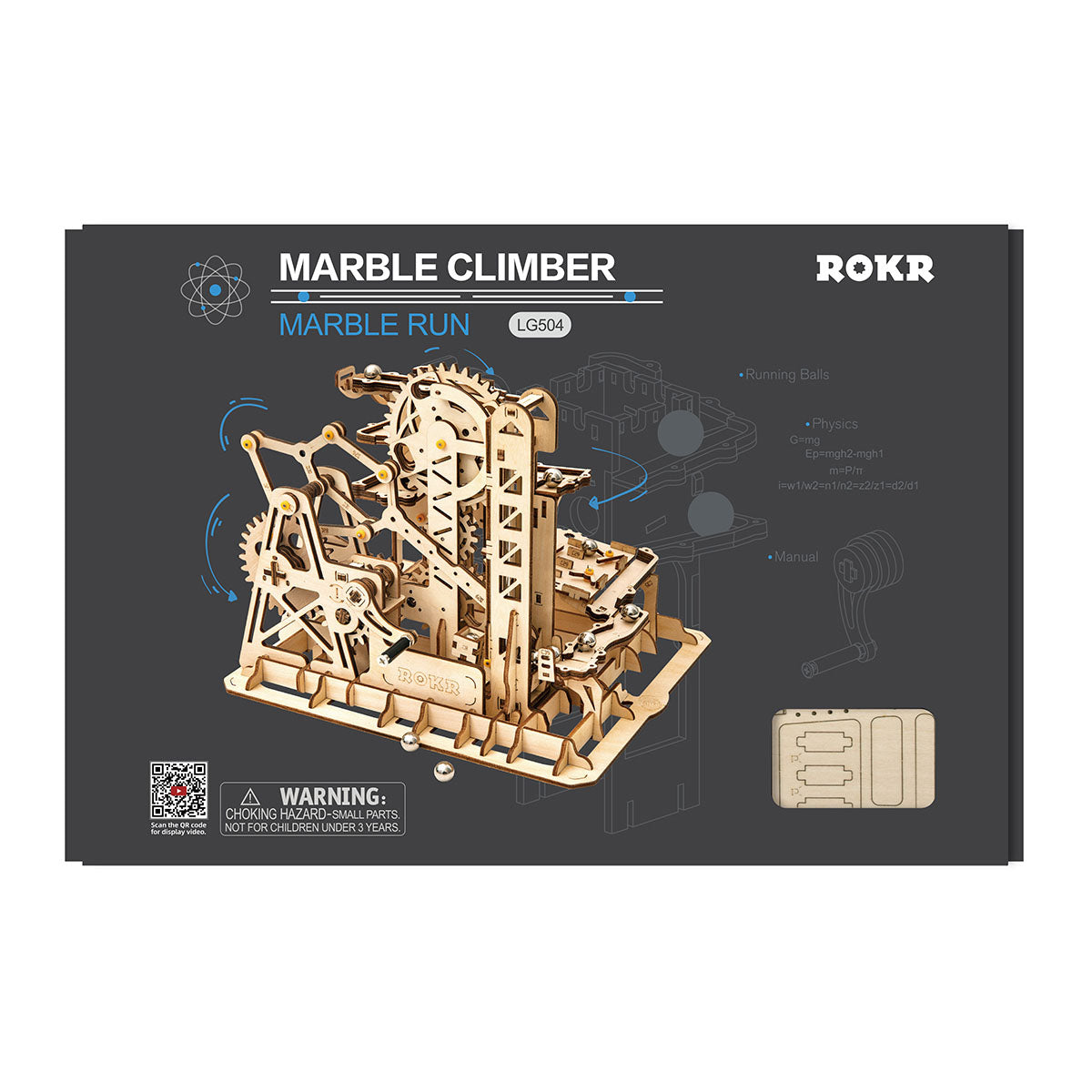 ROKR Marble Climber Fortress retail box with blueprint-style illustration and product name on dark blue background