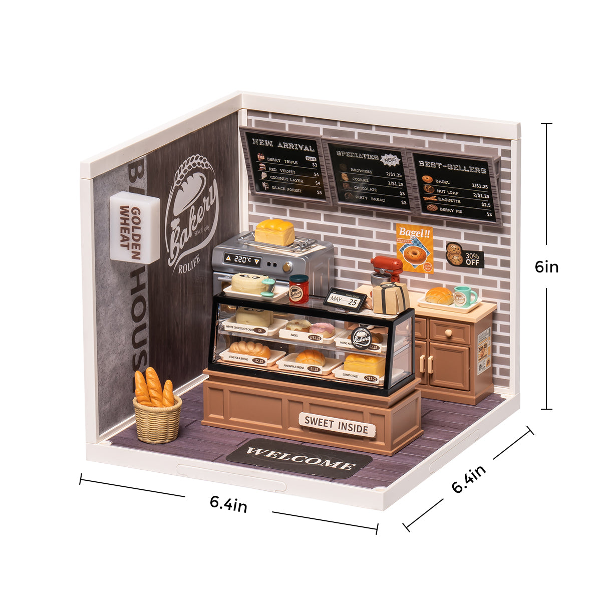 Rolife Golden Wheat Bakery DW005 finished miniature house interior with bakery display case and menu boards