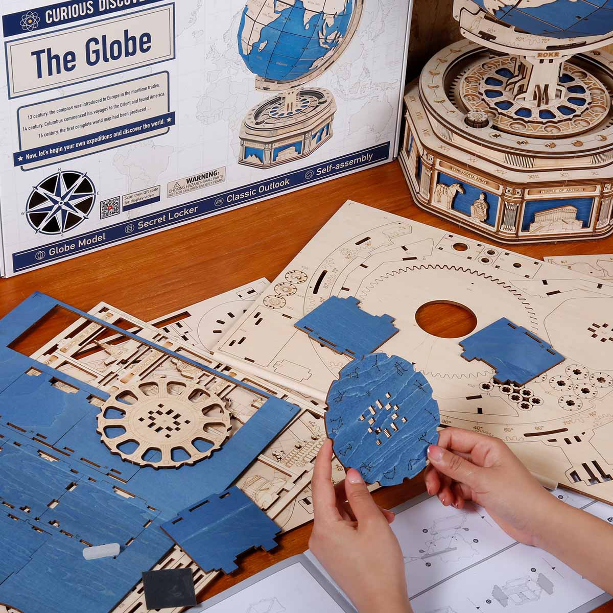 ROKR, The Globe, ST002, 3D wooden globe puzzle, styled scene