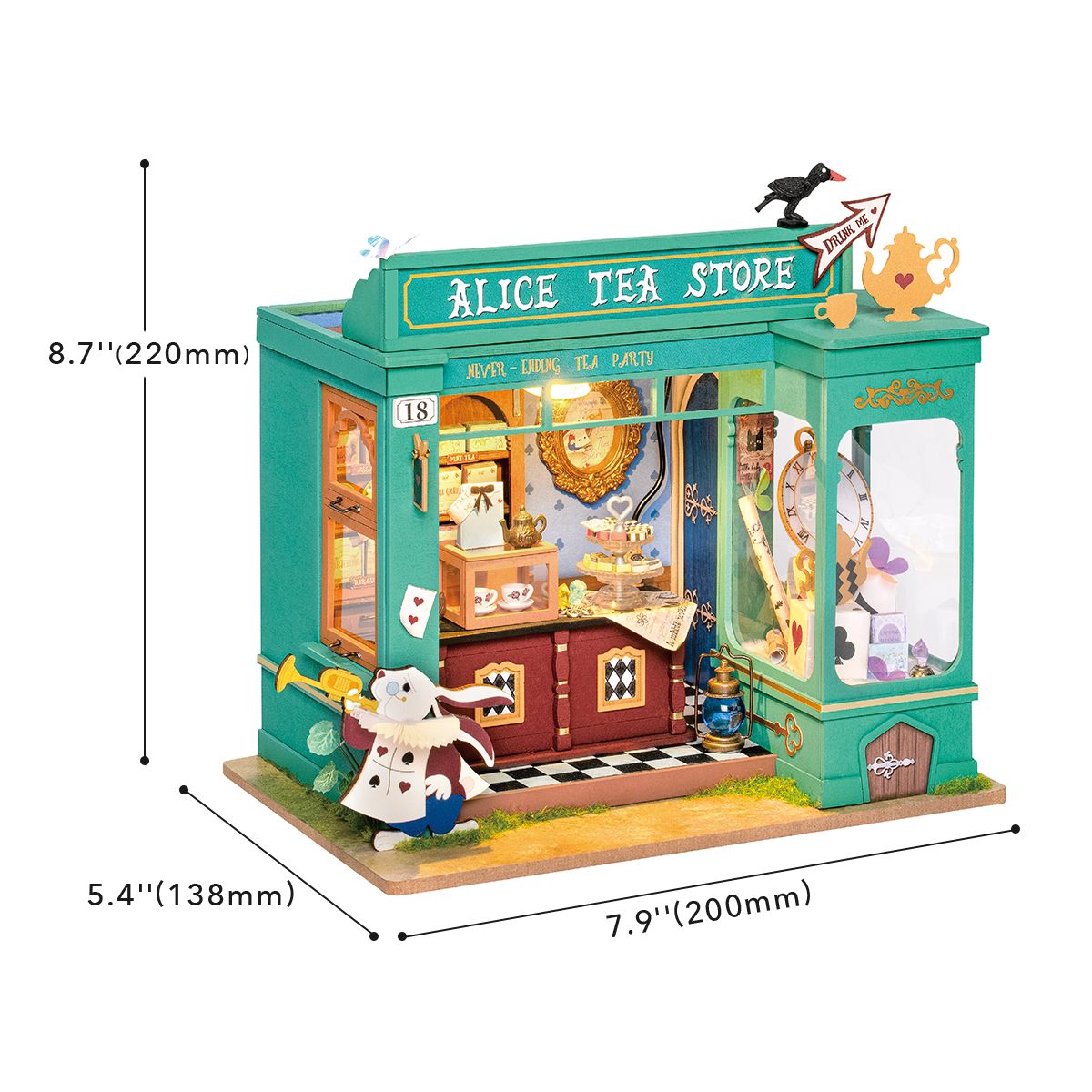 Rolife Alice's Tea Store kit dimension diagram at 8.7 by 7.9 by 5.4 inches with the assembled green storefront shown