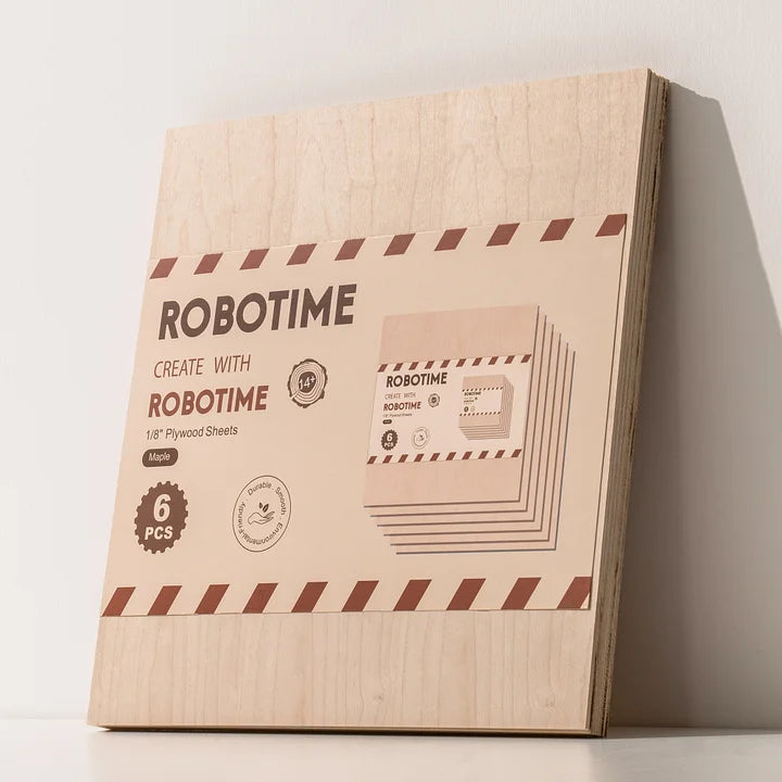 Robotime stack of six pale birch square plywood sheets with branded label, angled front corner view