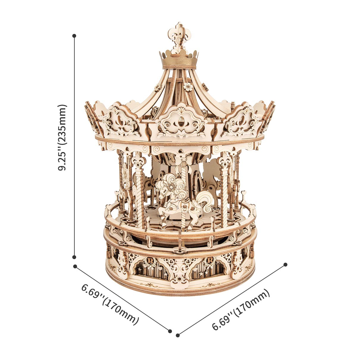ROKR Romantic Carousel wooden music box product photo with dimensions 6.69 by 6.69 by 9.25 inches labeled