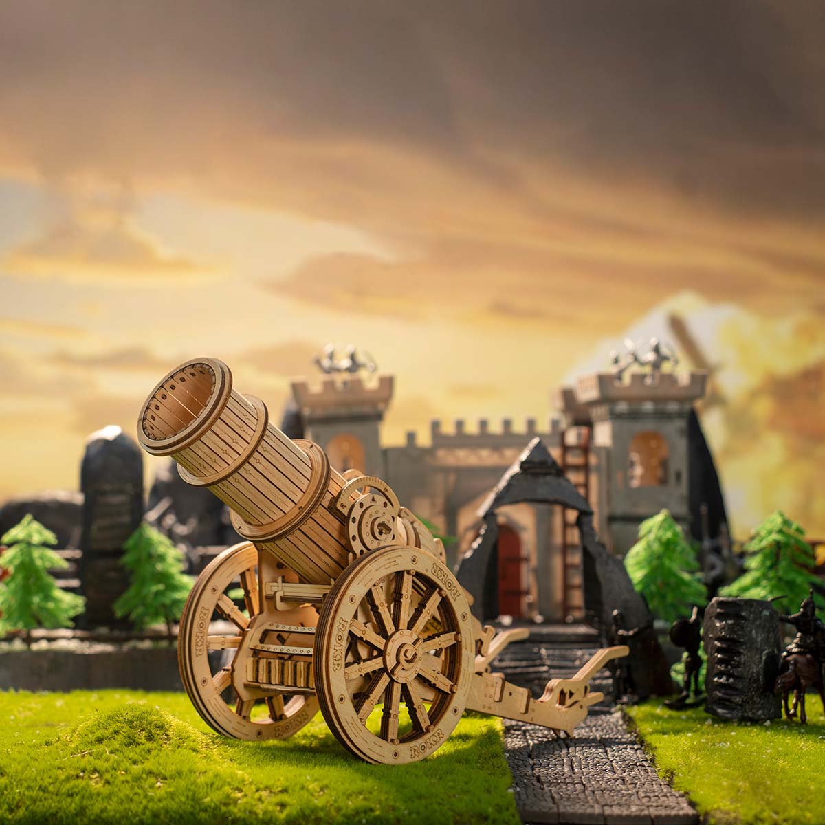 ROKR, 3D Wooden Puzzle Wheeled Siege Artillery, KW801, 3D wooden siege weapon puzzle, detail close-up