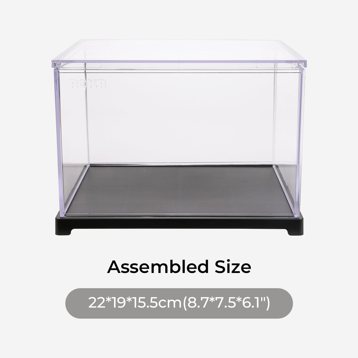 Robotime clear acrylic display case with black base showing assembled size 22 by 19 by 15.5 centimeters labeled