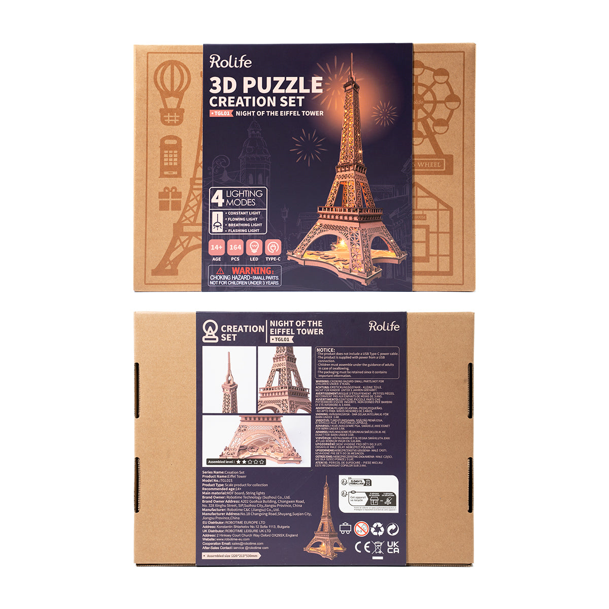 Rolife Night of the Eiffel Tower 3D puzzle creation set retail box showing night-scene cover art and product details on the reverse