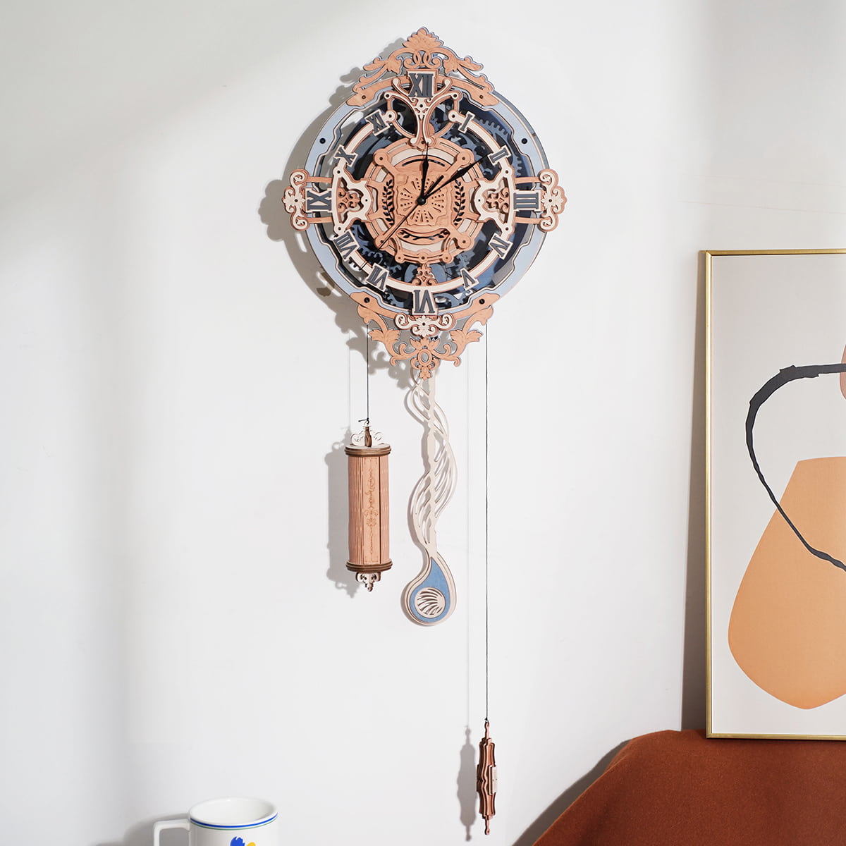 ROKR Romantic Note wooden wall clock LC701 mounted on a white wall with copper pendulum hanging below