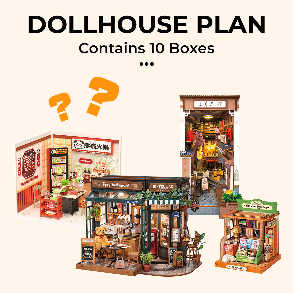 Rolife Dollhouse Plan subscription promo showing four miniature house kit thumbnails with text noting the set contains ten boxes.