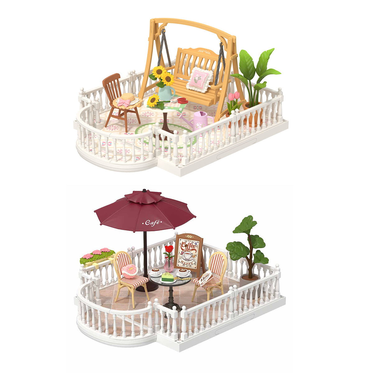 Rolife Super Creator extension kit showing garden swing terrace and cafe terrace models