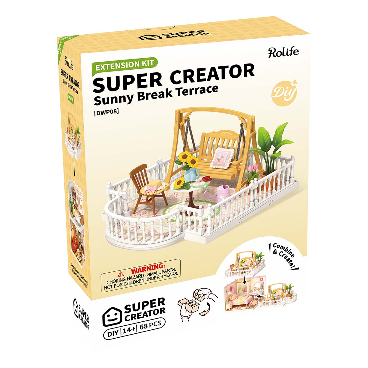 Rolife Super Creator Extension Kit DWP08 Sunny Break Terrace product box showing the assembled terrace scene with a yellow wooden swing bench, sunflowers in a blue watering can, and white fencing.