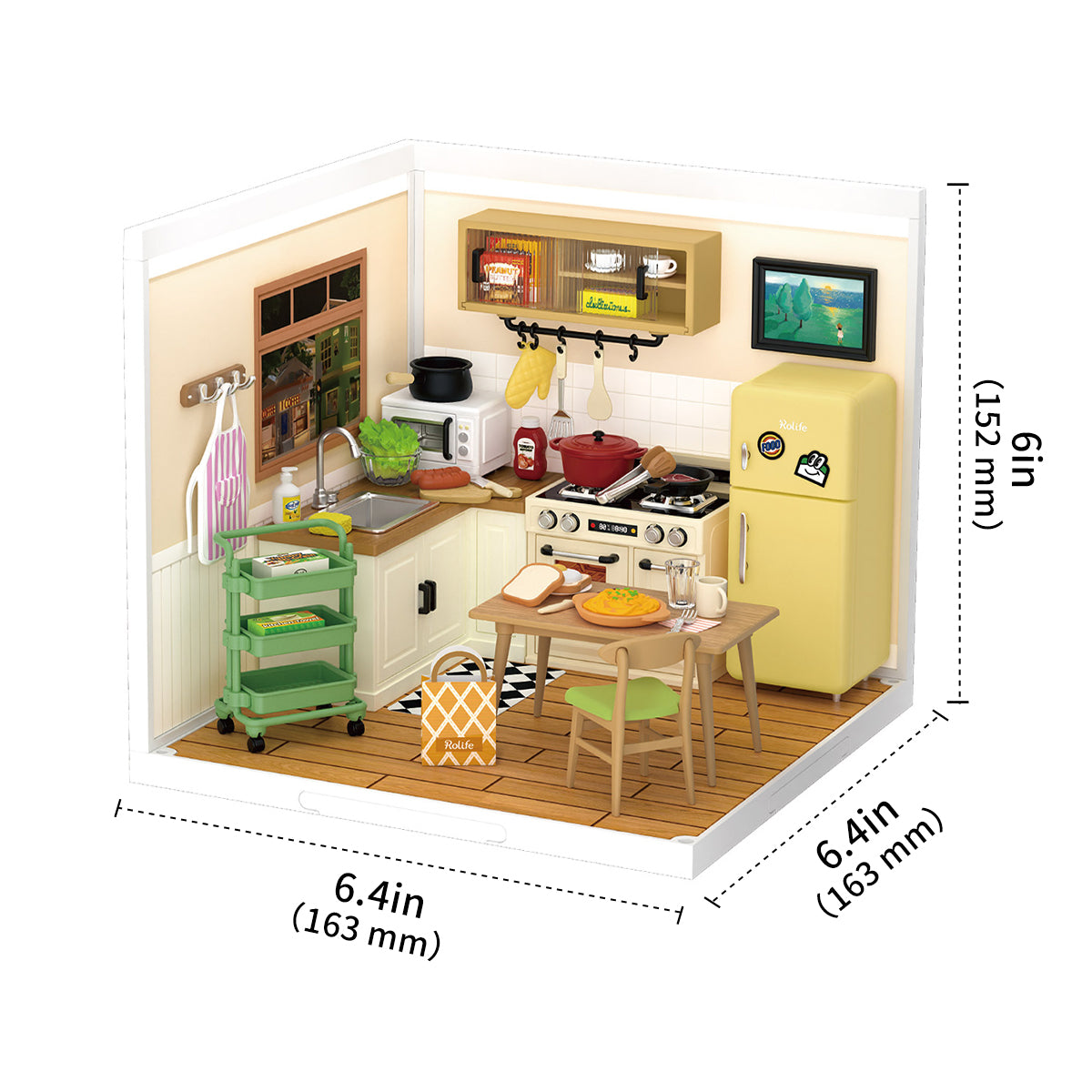 Rolife Happy Meals Kitchen DW008 lifestyle view of the lit miniature with warm golden LED illuminating the kitchen
