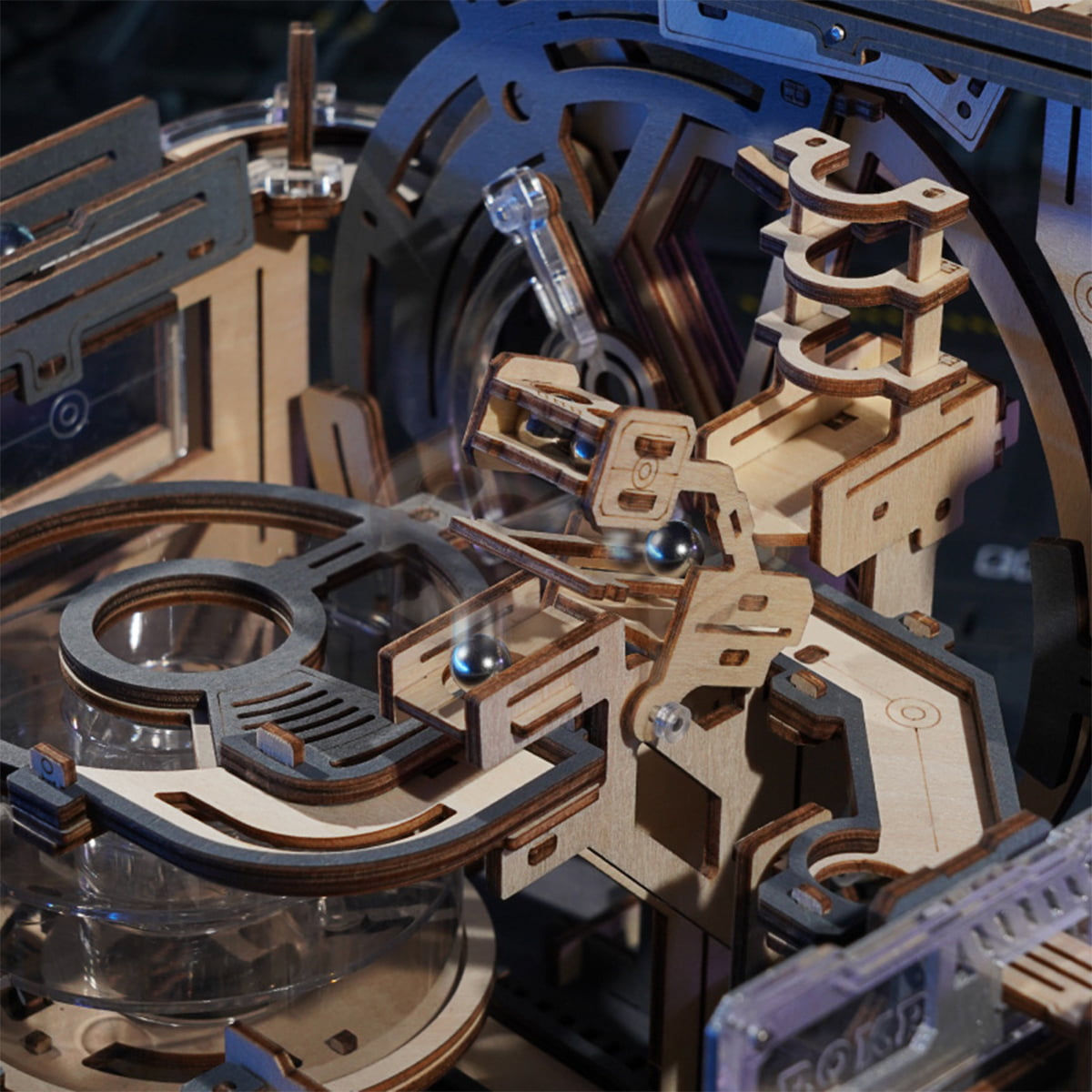 ROKR Marble Spaceport Marble Run LGC01 marble run 3D wooden puzzle, angled three-quarter view of the build