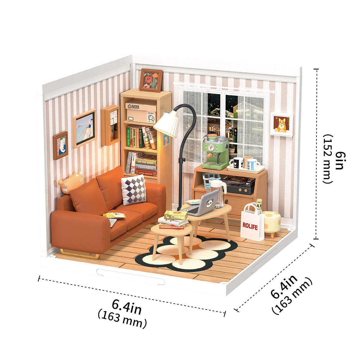 Rolife Cozy Living Lounge DW007 miniature room with dimension callouts of 6in height and 6.4in width showing the full
