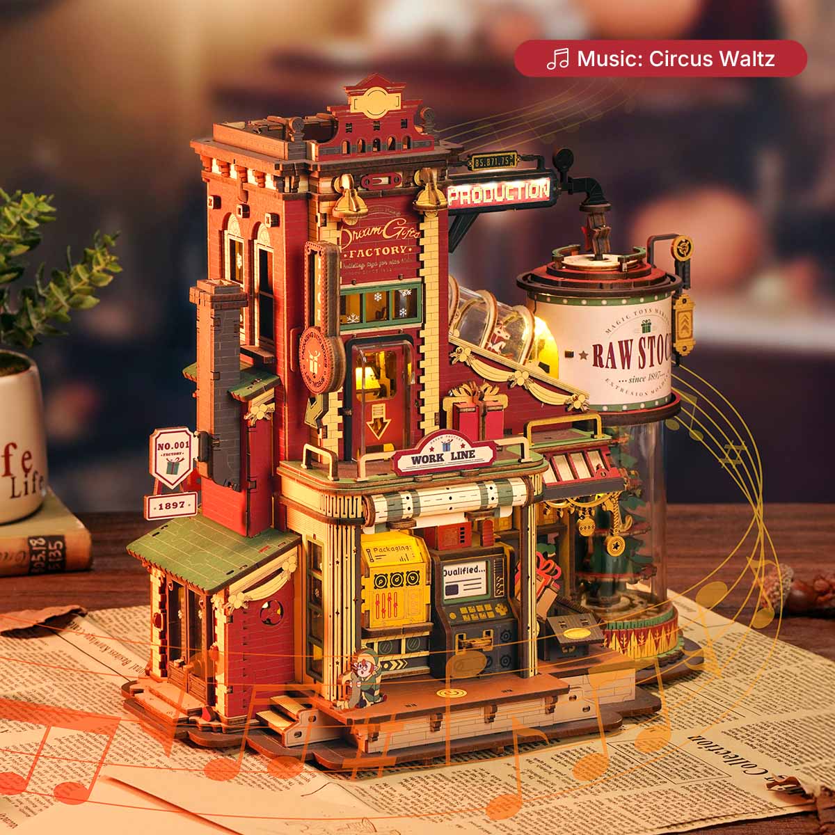 ROKR Dream Gift Factory wooden music box EAB01 playing Circus Waltz, shown from the side with musical note graphics and warm festive ambient glow.