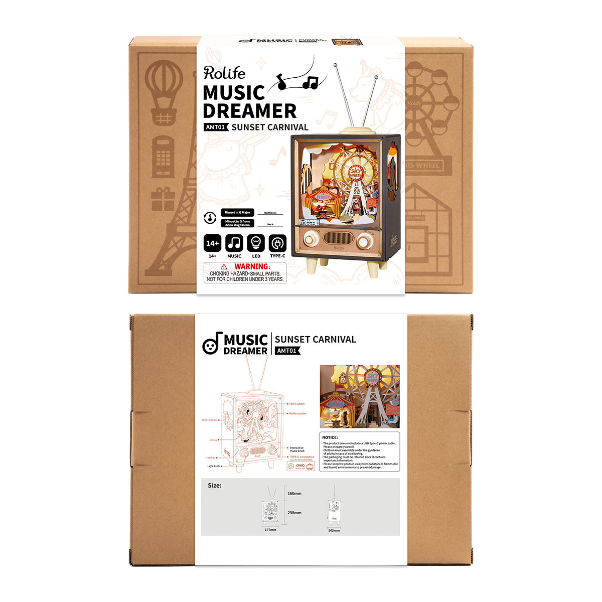 Rolife, Sunset Carnival, AMT01, 3D wooden music box puzzle, styled with accessories