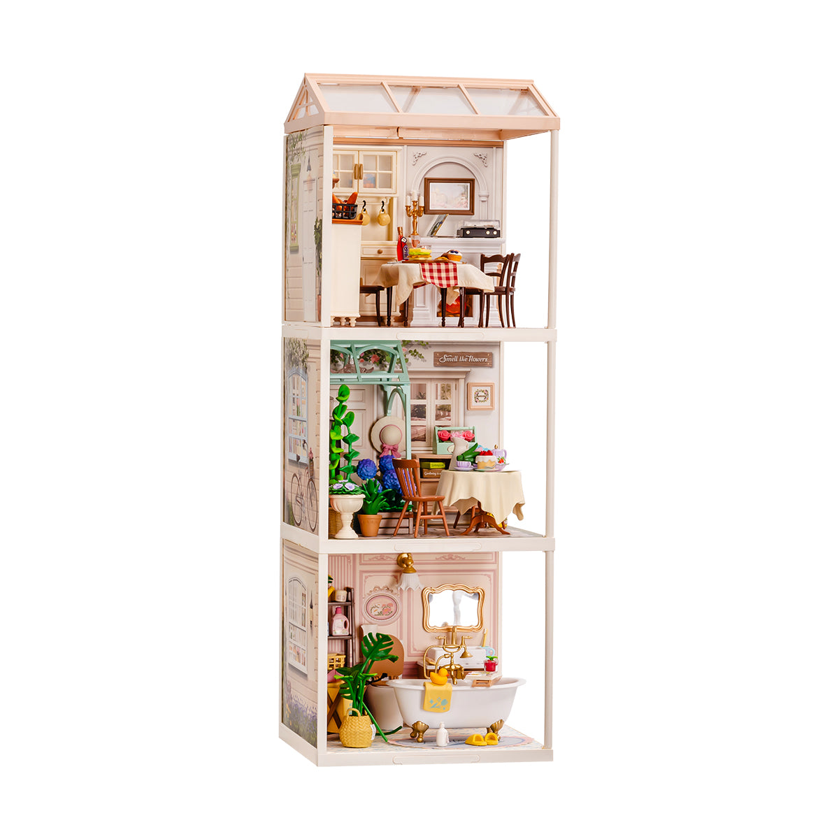 Rolife Super Creator Series 3-in-1 I Shape white-frame miniature with dining room, garden conservatory, and pink bathroom rooms stacked vertically on a plain white background.