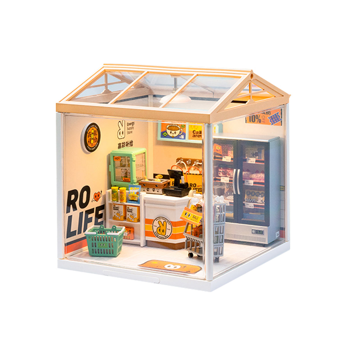 Rolife Super Creator Energy Supply Store DW002 DIY book nook miniature kit, lifestyle scene on a wooden desk