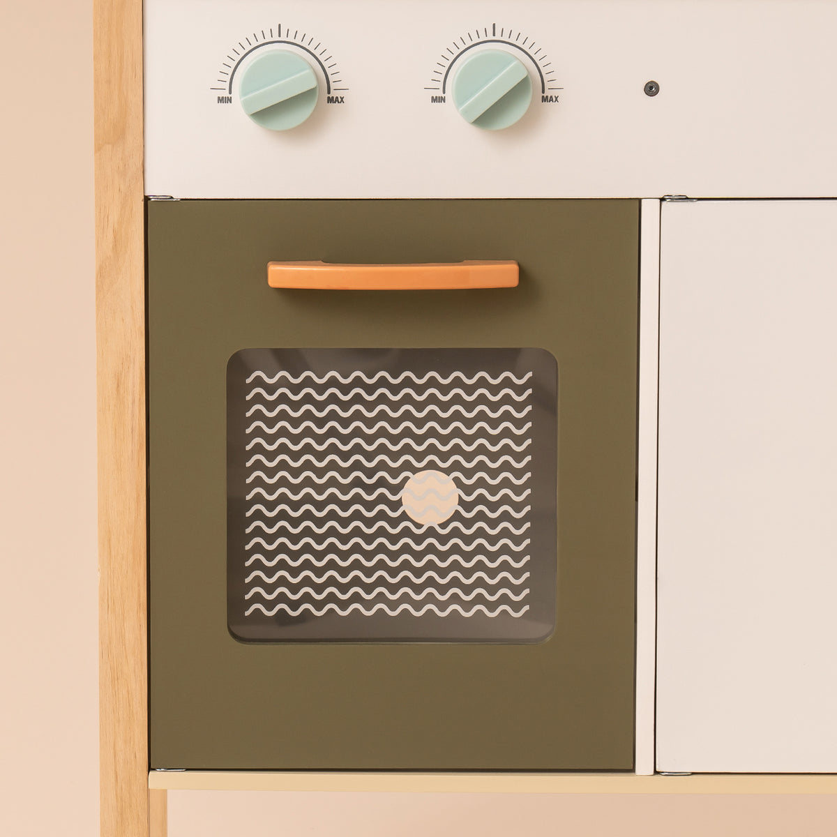 ROBUD wooden toddler play kitchen WG187 oven close-up showing sage green door with two white dial knobs on white frame